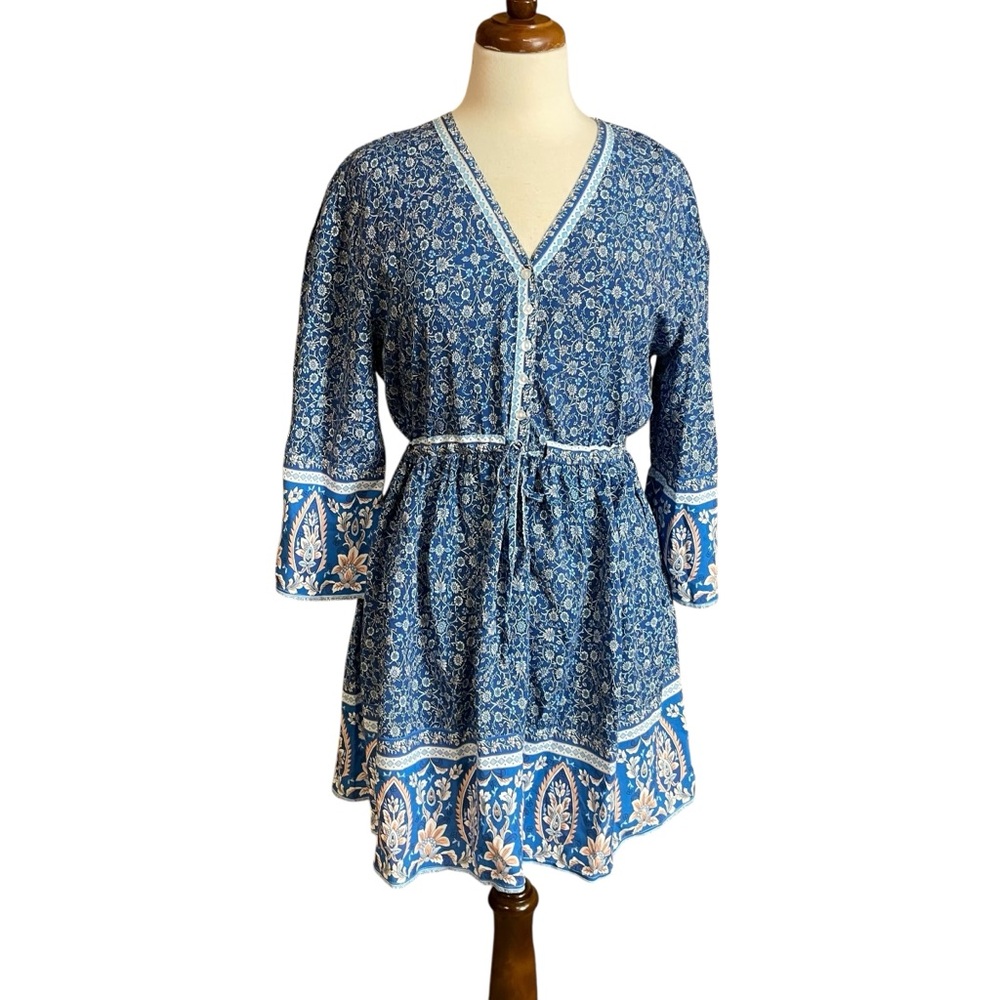 North Style blue floral shirtwaist dress with drawstring waist medium